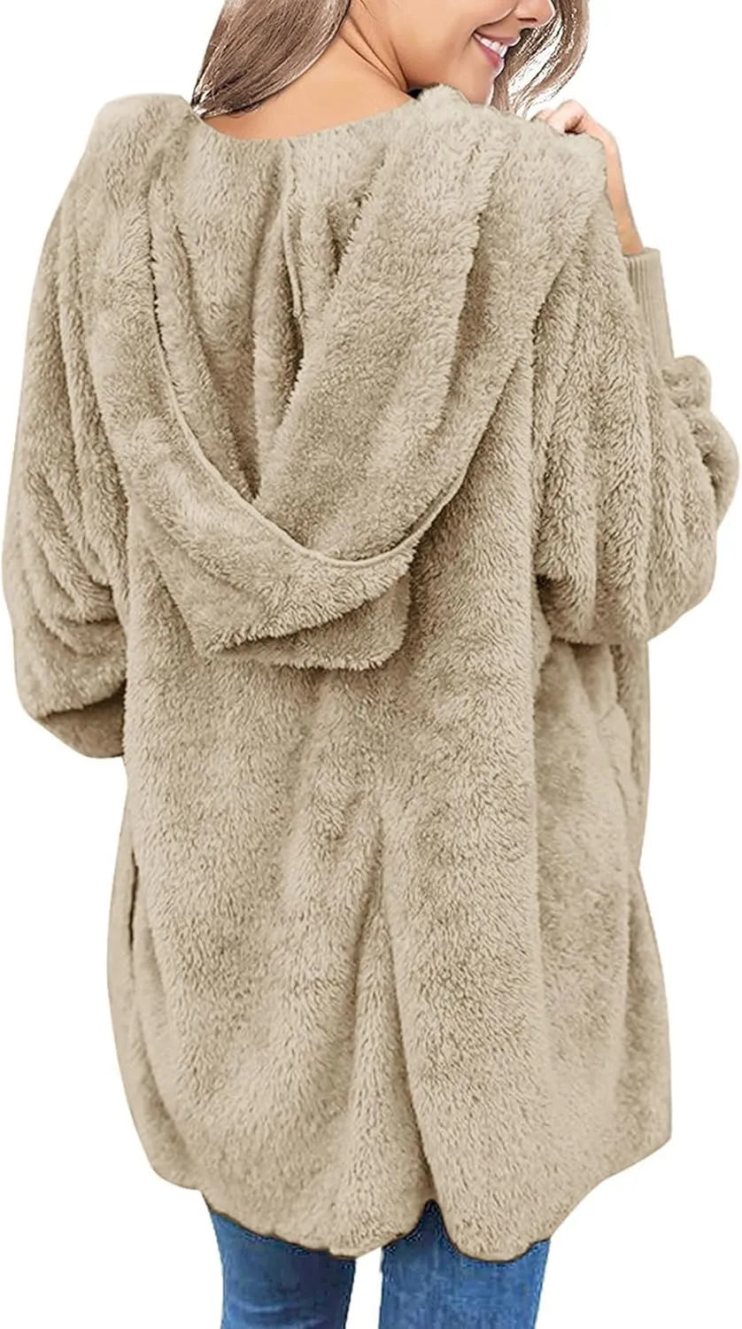 Yanekop Womens Fuzzy Fleece Jacket Open Front Hooded Cardigan Sherpa Outerwear Warm Coats with Pockets