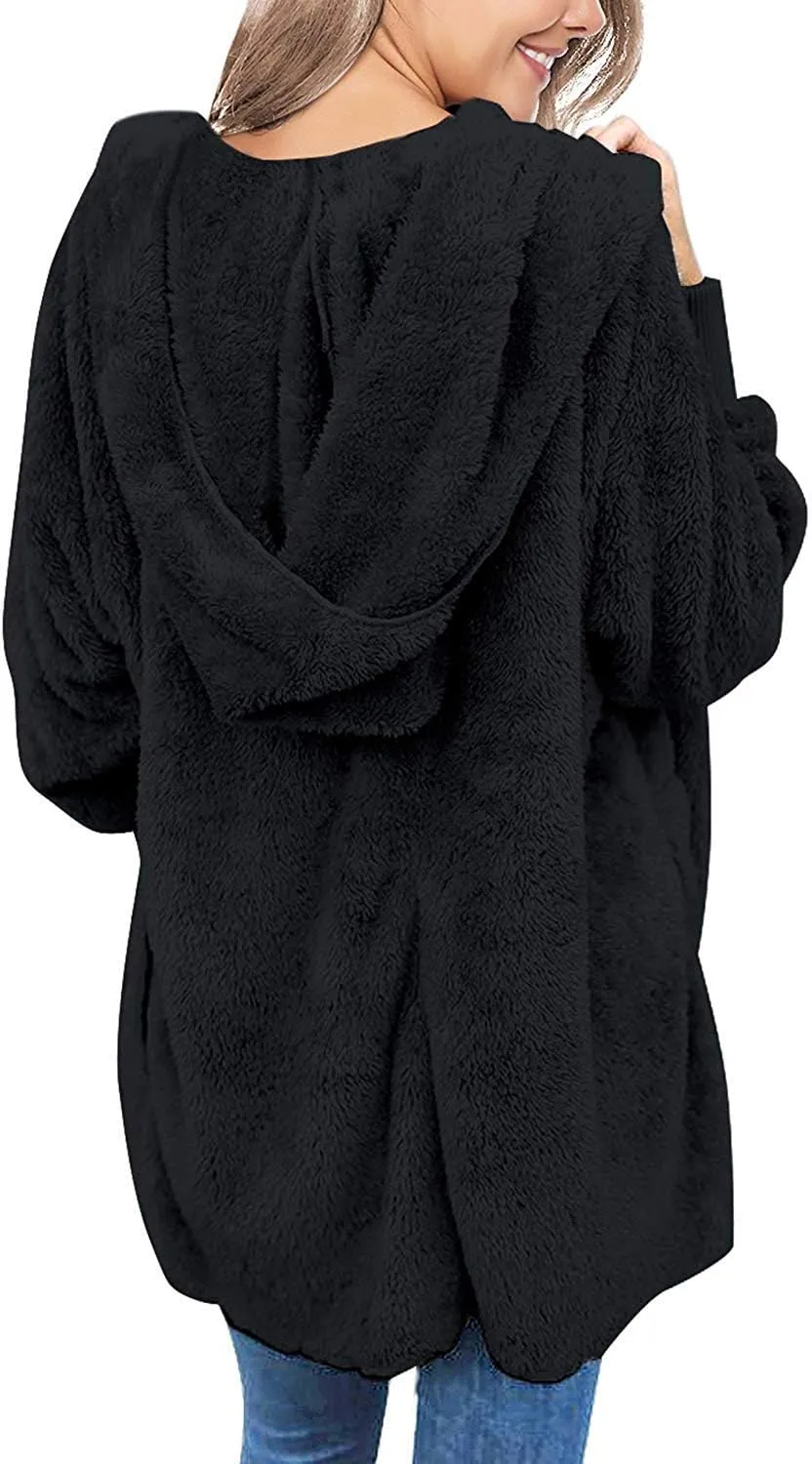 Yanekop Womens Fuzzy Fleece Jacket Open Front Hooded Cardigan Sherpa Outerwear Warm Coats with Pockets