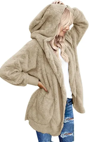 Yanekop Womens Fuzzy Fleece Jacket Open Front Hooded Cardigan Sherpa Outerwear Warm Coats with Pockets