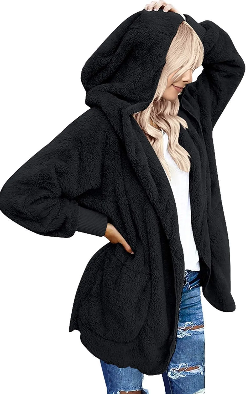 Yanekop Womens Fuzzy Fleece Jacket Open Front Hooded Cardigan Sherpa Outerwear Warm Coats with Pockets