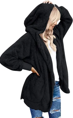 Yanekop Womens Fuzzy Fleece Jacket Open Front Hooded Cardigan Sherpa Outerwear Warm Coats with Pockets