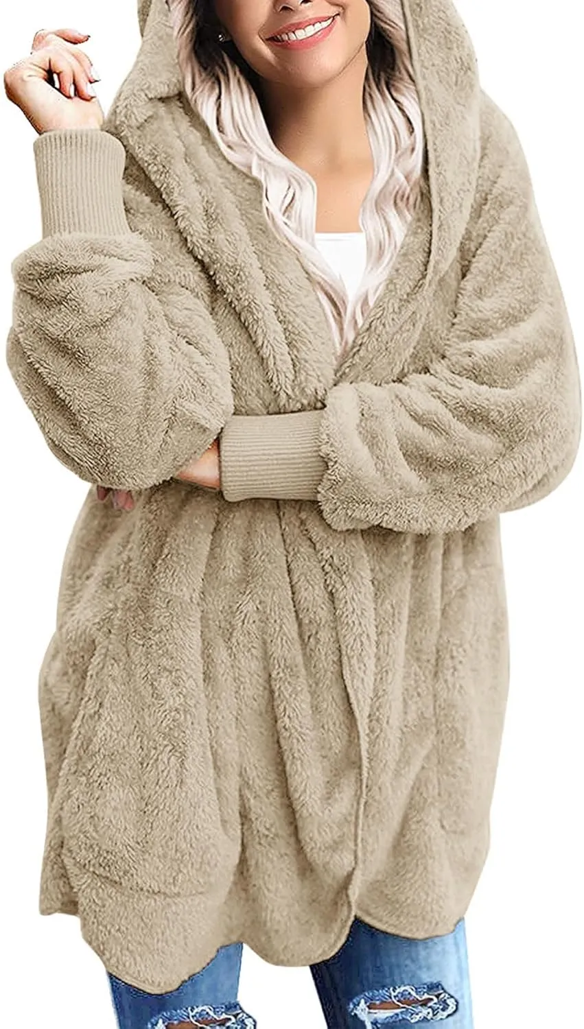 Yanekop Womens Fuzzy Fleece Jacket Open Front Hooded Cardigan Sherpa Outerwear Warm Coats with Pockets