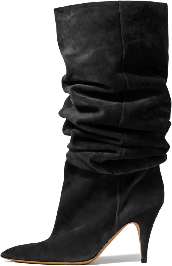 YDN Women Cozy Slouchy Closed Toe Knee High Boots Mid High Heel Pull On Wide Calf Booties Warm Party Dating Shoes Size 4-16 US