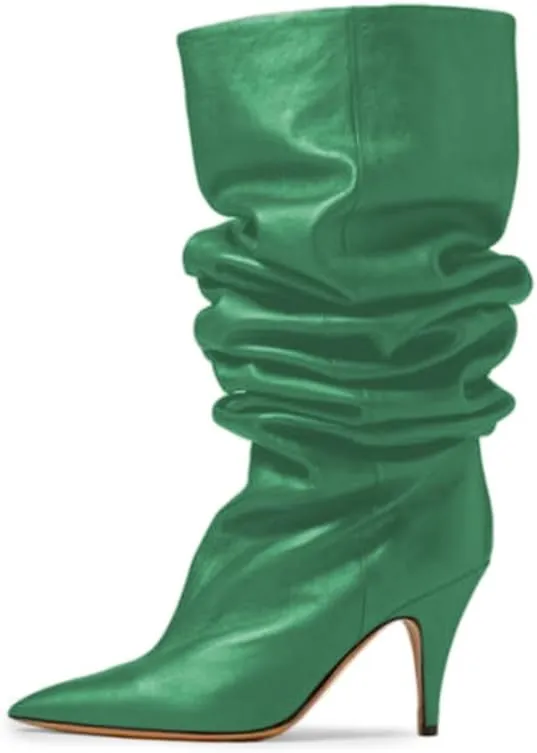 YDN Women Cozy Slouchy Closed Toe Knee High Boots Mid High Heel Pull On Wide Calf Booties Warm Party Dating Shoes Size 4-16 US