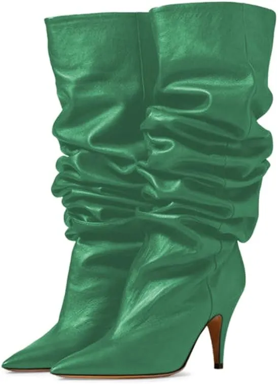 YDN Women Cozy Slouchy Closed Toe Knee High Boots Mid High Heel Pull On Wide Calf Booties Warm Party Dating Shoes Size 4-16 US