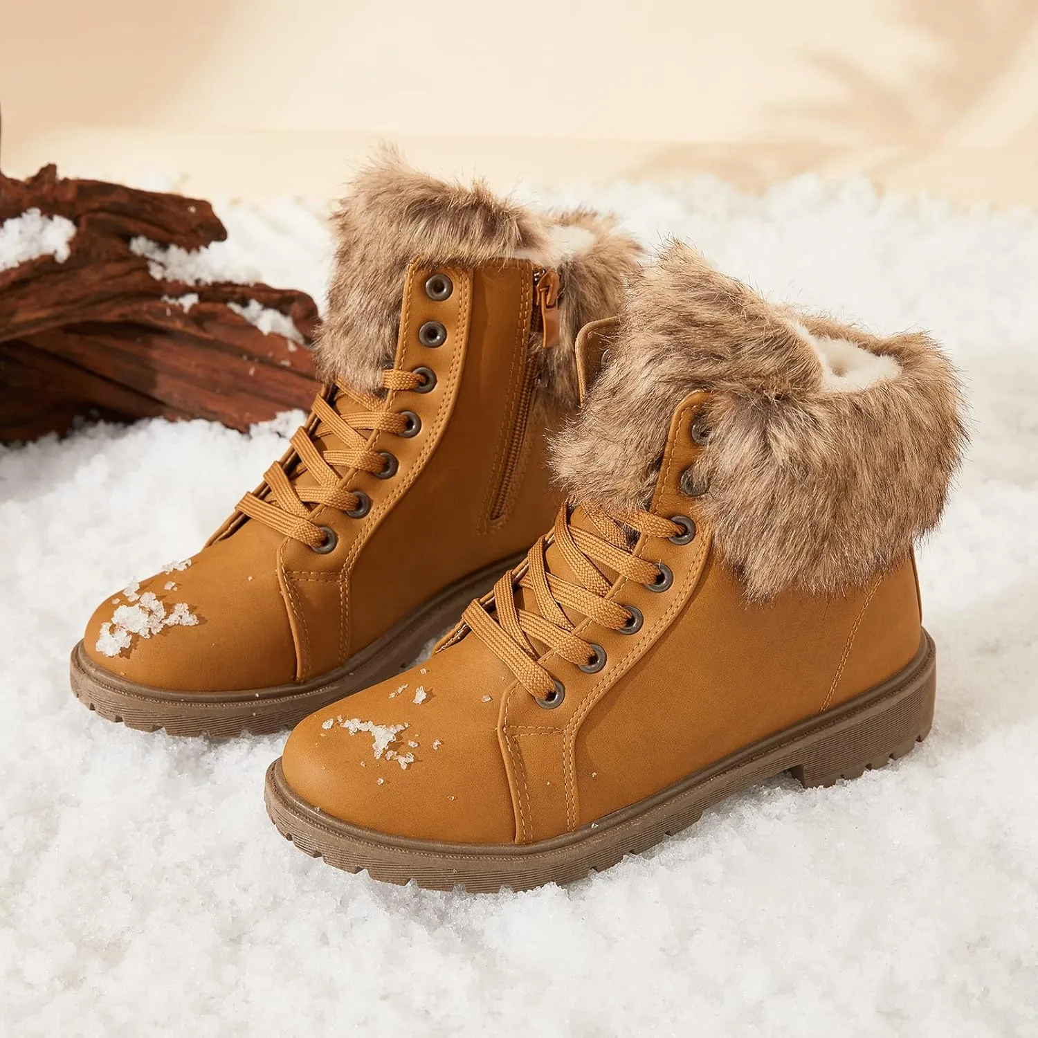 yegeyan womens snow boots PU winter ankle booties fur lined anti-slip combat boots