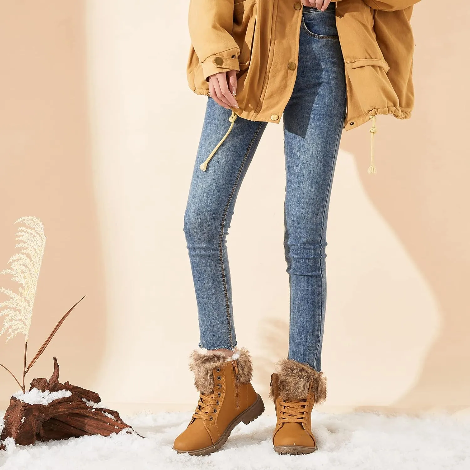 yegeyan womens snow boots PU winter ankle booties fur lined anti-slip combat boots