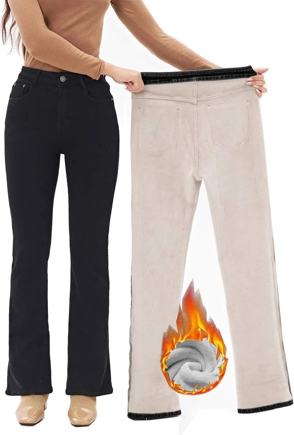 Yehopere Women's Fleece Lined Straight Flare Leg Winter Thermal Flannel Lined Jean Denim Trouser Pant