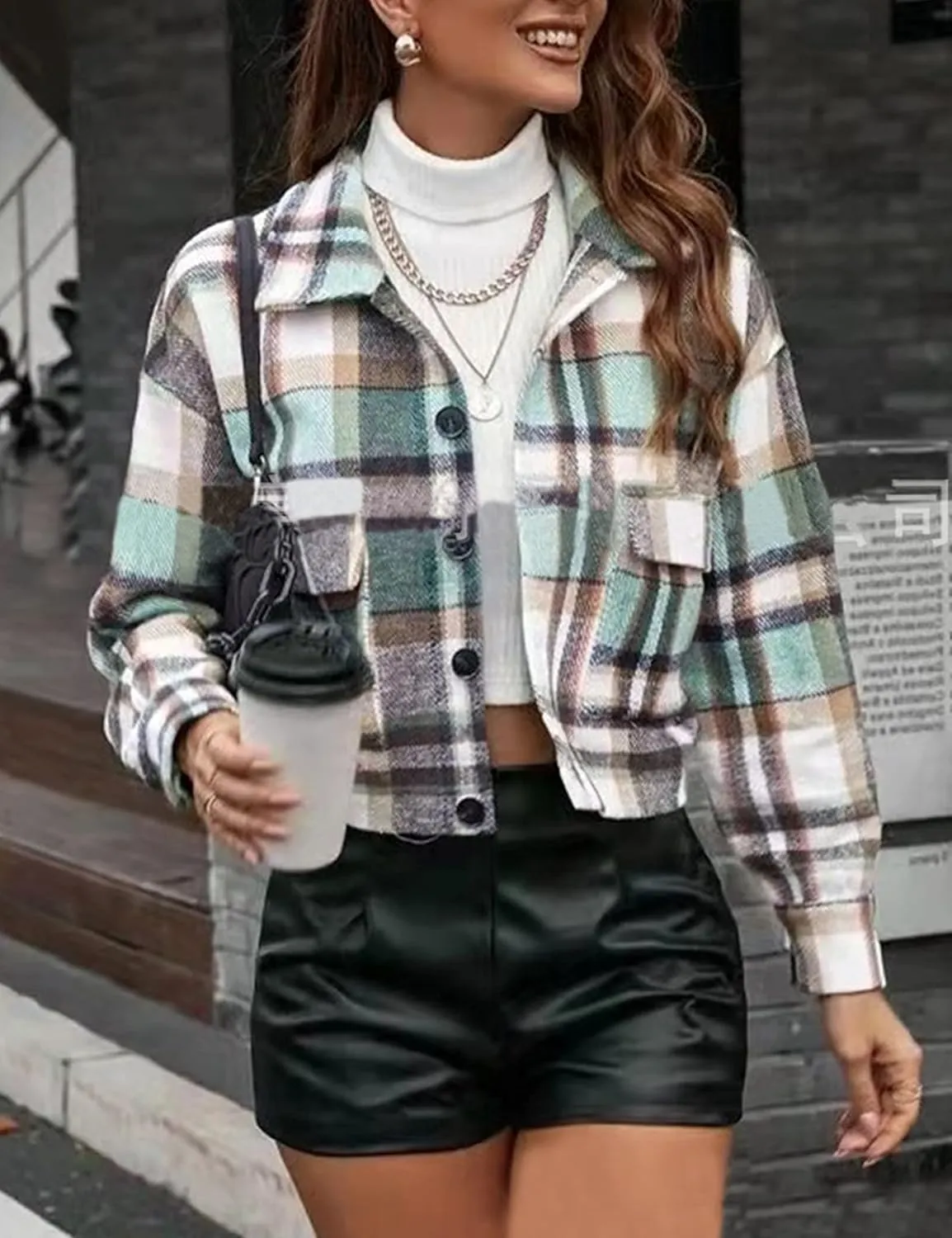 Yeokou Women's Fashion Cropped Flannel Shirt Plaid Shacket Long Sleeve Button Down Jackets Coat
