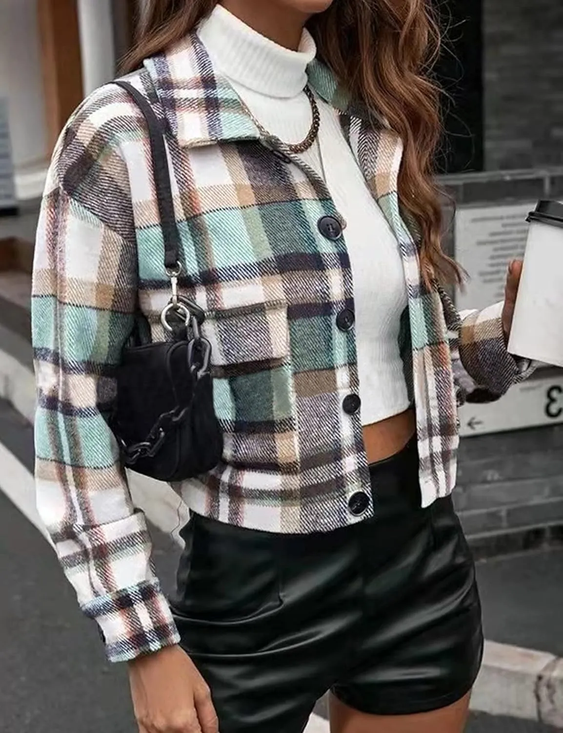 Yeokou Women's Fashion Cropped Flannel Shirt Plaid Shacket Long Sleeve Button Down Jackets Coat