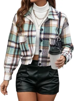 Yeokou Women's Fashion Cropped Flannel Shirt Plaid Shacket Long Sleeve Button Down Jackets Coat