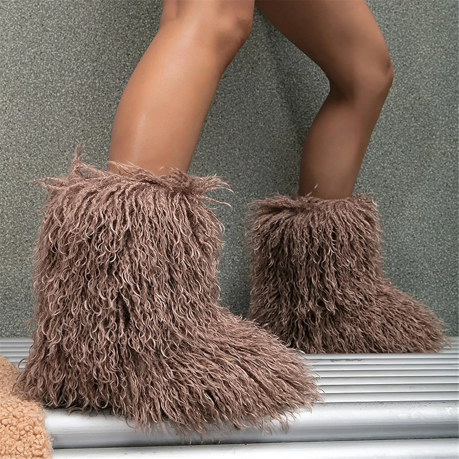 YESBOR Women's Curly Faux Fur Snow Boots Fluffy Fuzzy Furry Winter Outdoor Flat Booties