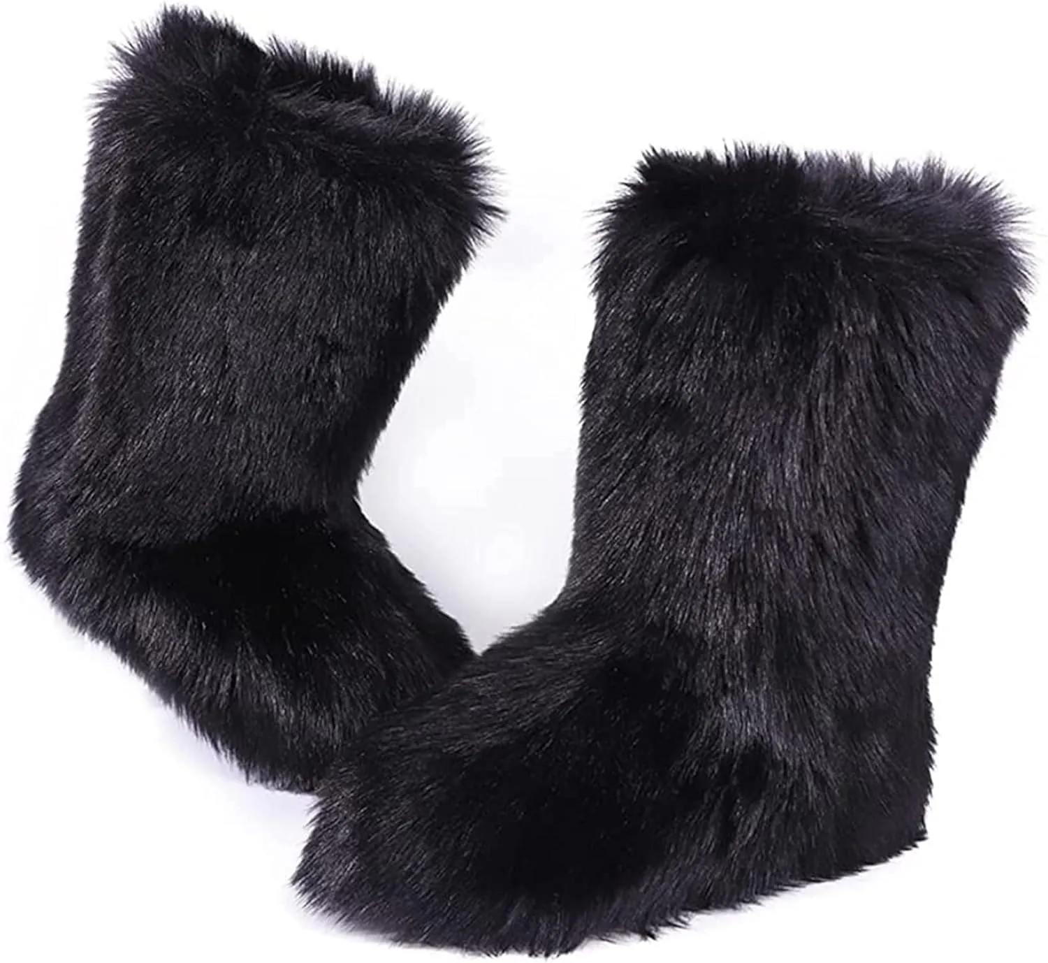 YESBOR Women's Faux Fur Boots Fluffy Mid-Calf Fuzzy Winter Snow Boots Outdoor Flat Shoes