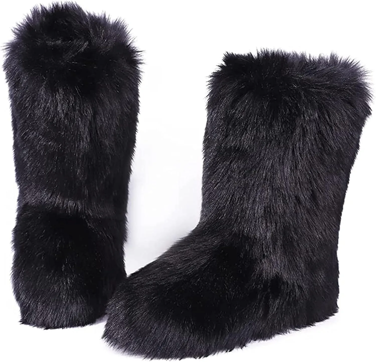 YESBOR Women's Faux Fur Boots Fluffy Mid-Calf Fuzzy Winter Snow Boots Outdoor Flat Shoes