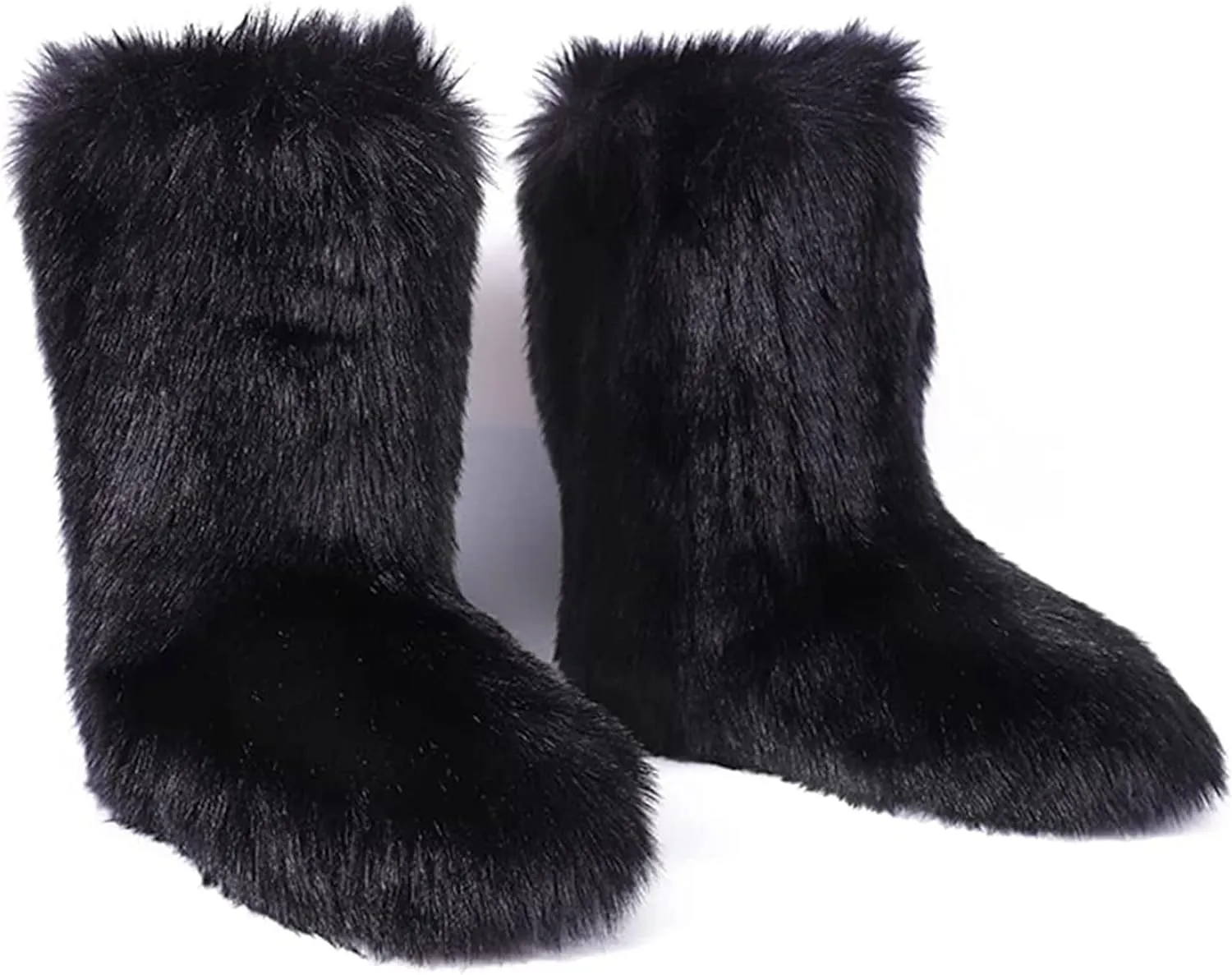 YESBOR Women's Faux Fur Boots Fluffy Mid-Calf Fuzzy Winter Snow Boots Outdoor Flat Shoes