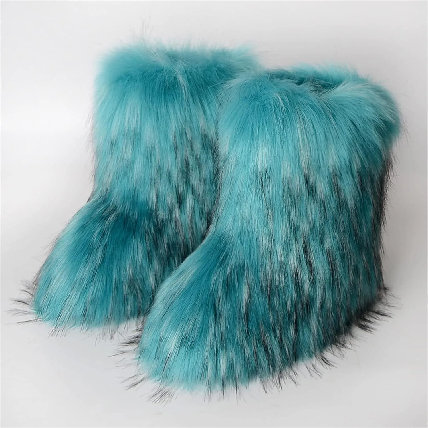 YESBOR Women's Winter Faux Fur Boots Round Toe Warm Fuzzy Fluffy Furry Snow Boots Flat Shoes