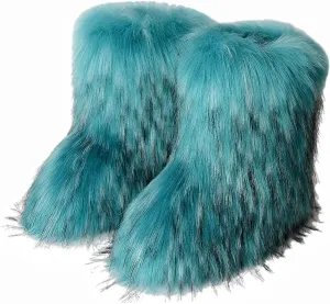 YESBOR Women's Winter Faux Fur Boots Round Toe Warm Fuzzy Fluffy Furry Snow Boots Flat Shoes