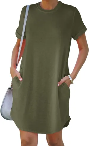 YEXIPO Women's Casual Summer Short Sleeve T Shirt Dress Nightgown Crew Neck Loose Solid Color Basic Dresses with Pockets