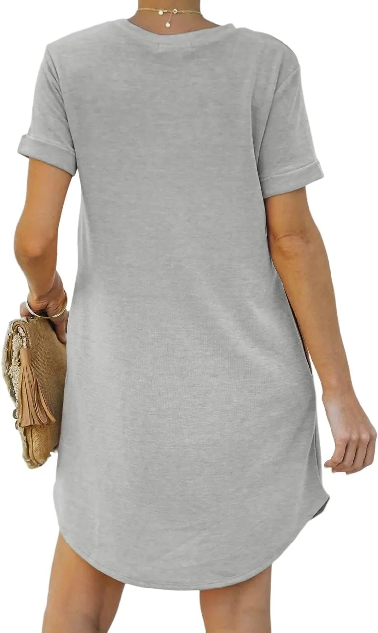 YEXIPO Women's Casual Summer Short Sleeve T Shirt Dress Nightgown Crew Neck Loose Solid Color Basic Dresses with Pockets
