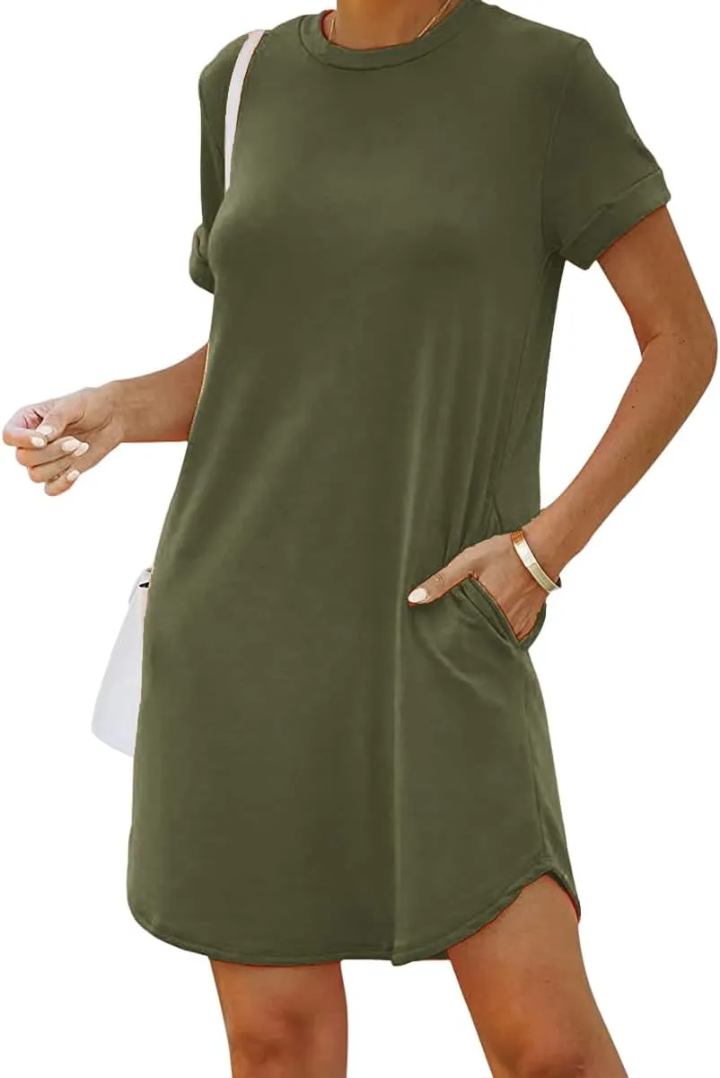 YEXIPO Women's Casual Summer Short Sleeve T Shirt Dress Nightgown Crew Neck Loose Solid Color Basic Dresses with Pockets