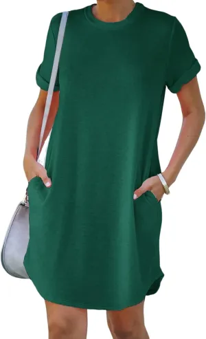 YEXIPO Women's Casual Summer Short Sleeve T Shirt Dress Nightgown Crew Neck Loose Solid Color Basic Dresses with Pockets