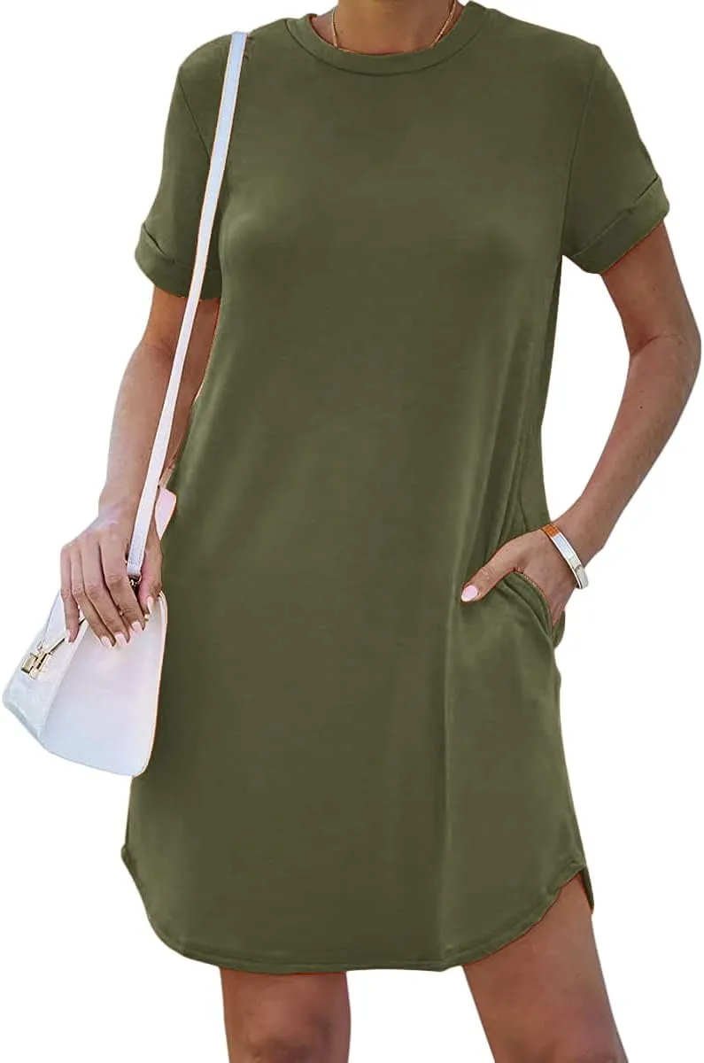 YEXIPO Women's Casual Summer Short Sleeve T Shirt Dress Nightgown Crew Neck Loose Solid Color Basic Dresses with Pockets