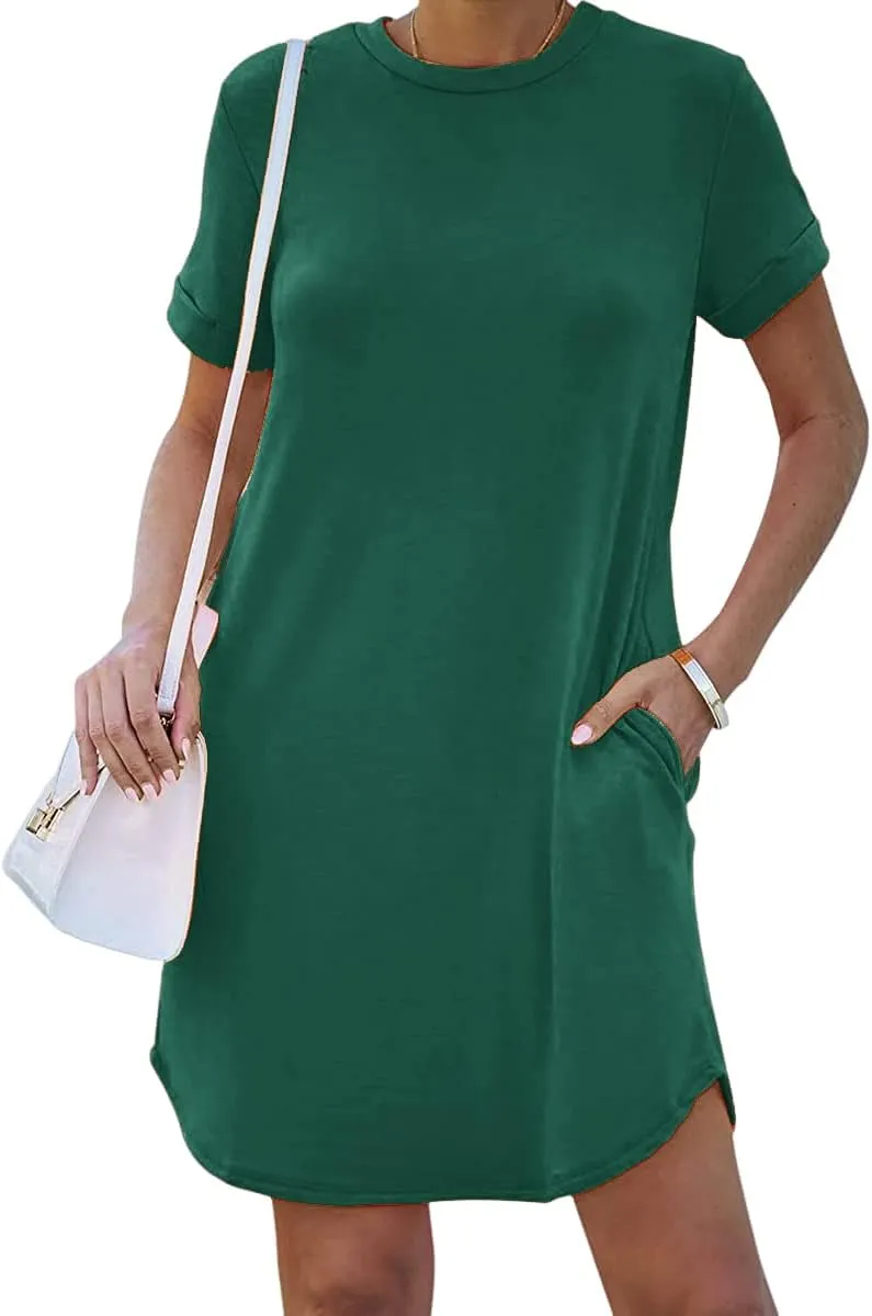 YEXIPO Women's Casual Summer Short Sleeve T Shirt Dress Nightgown Crew Neck Loose Solid Color Basic Dresses with Pockets