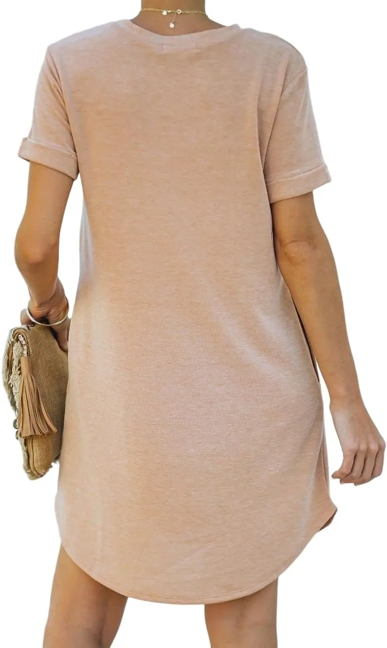 YEXIPO Women's Casual Summer Short Sleeve T Shirt Dress Nightgown Crew Neck Loose Solid Color Basic Dresses with Pockets