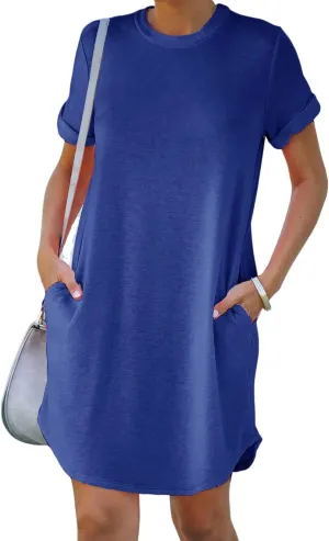 YEXIPO Women's Casual Summer Short Sleeve T Shirt Dress Nightgown Crew Neck Loose Solid Color Basic Dresses with Pockets