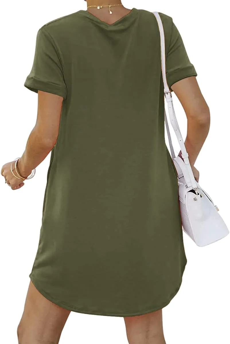 YEXIPO Women's Casual Summer Short Sleeve T Shirt Dress Nightgown Crew Neck Loose Solid Color Basic Dresses with Pockets