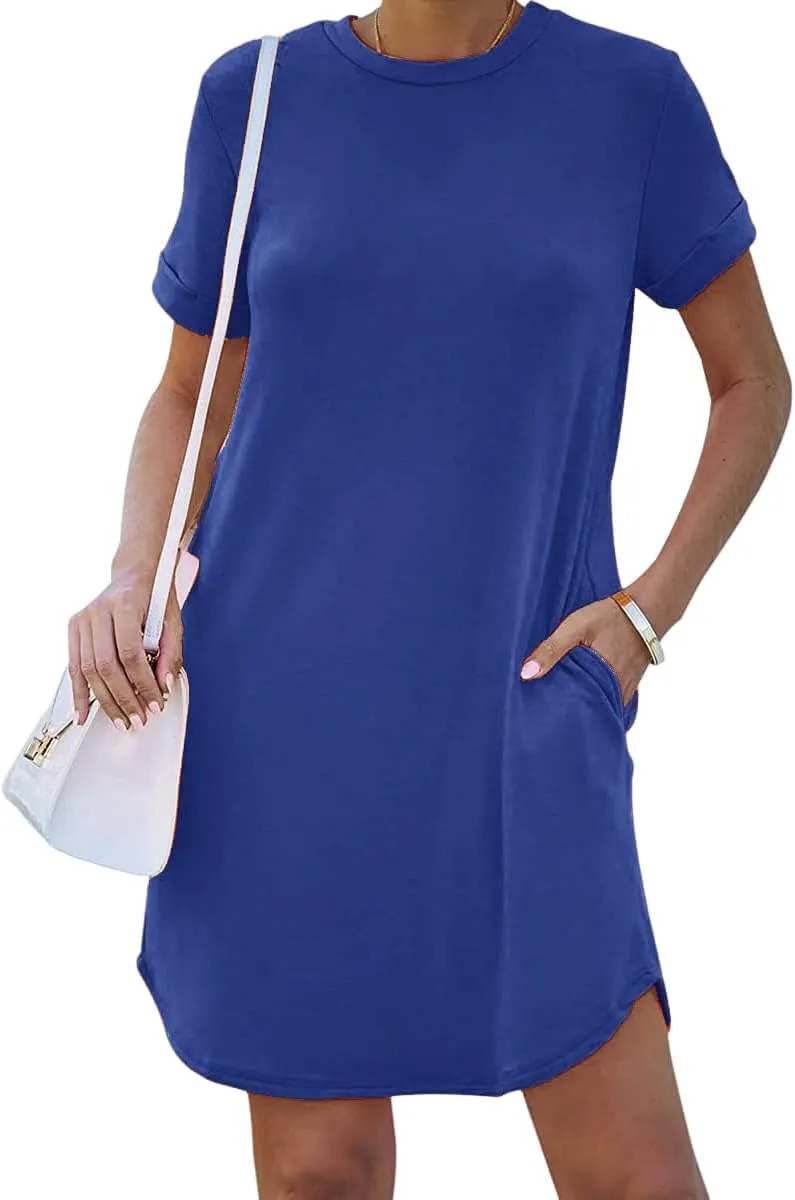 YEXIPO Women's Casual Summer Short Sleeve T Shirt Dress Nightgown Crew Neck Loose Solid Color Basic Dresses with Pockets