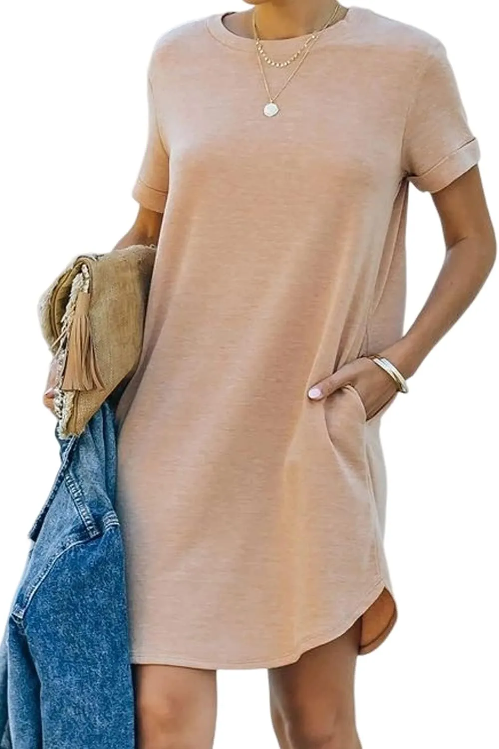 YEXIPO Women's Casual Summer Short Sleeve T Shirt Dress Nightgown Crew Neck Loose Solid Color Basic Dresses with Pockets