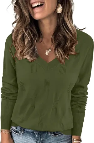 Yincro Women V Neck Long Sleeve Soft Sweater Knit Casual Pullover Top