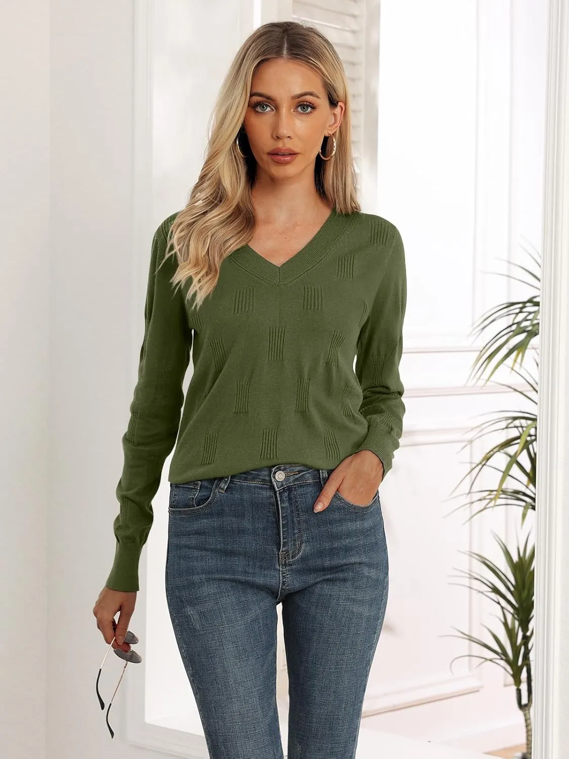 Yincro Women V Neck Long Sleeve Soft Sweater Knit Casual Pullover Top
