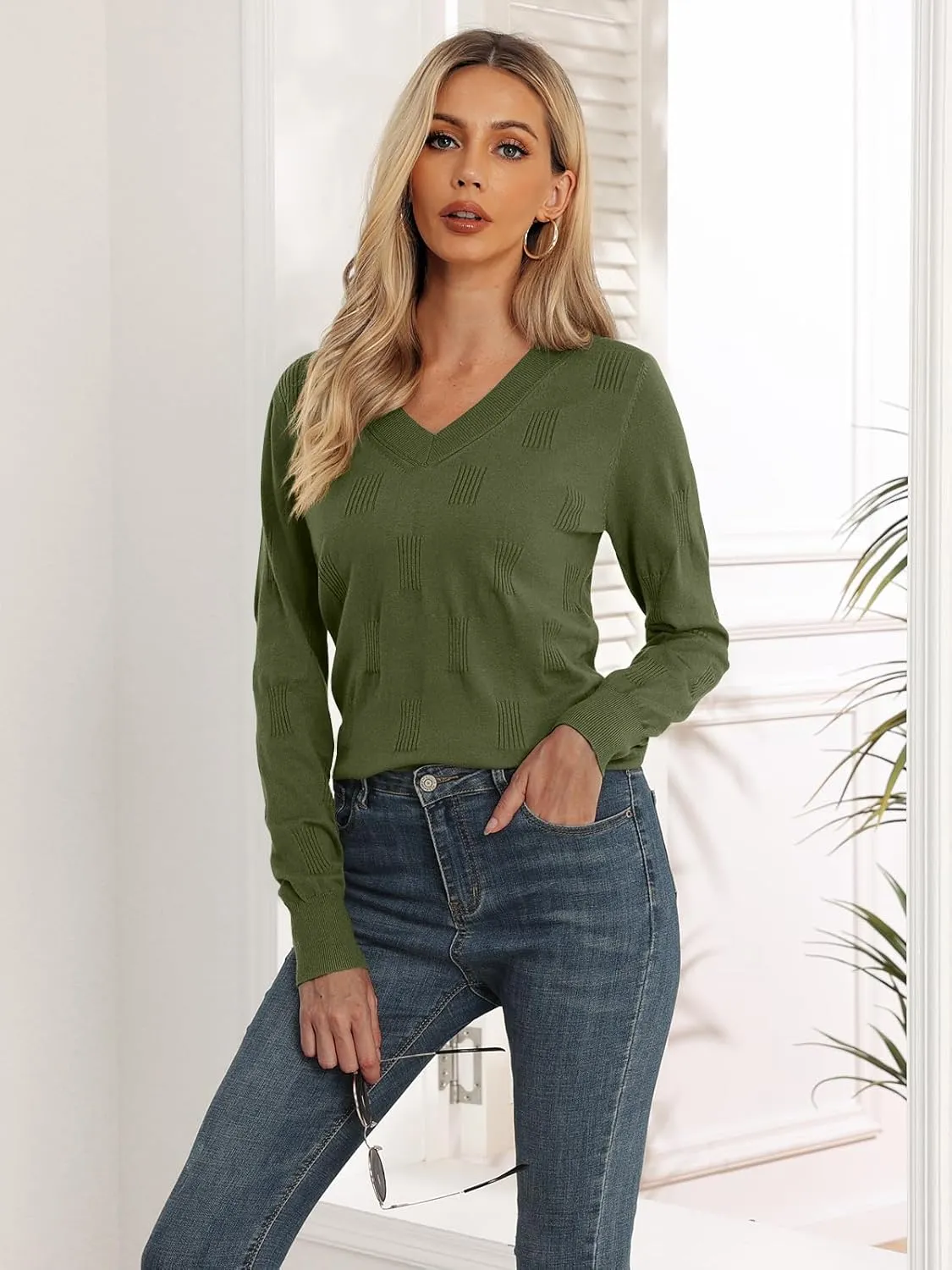 Yincro Women V Neck Long Sleeve Soft Sweater Knit Casual Pullover Top