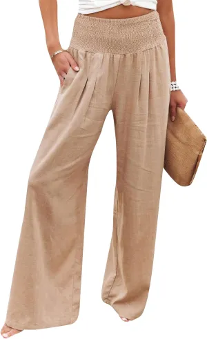 YMING Women's High Waist Wide Leg Pants Soft Pullover Trousers with Pocket Loose Beach Casual Slacks