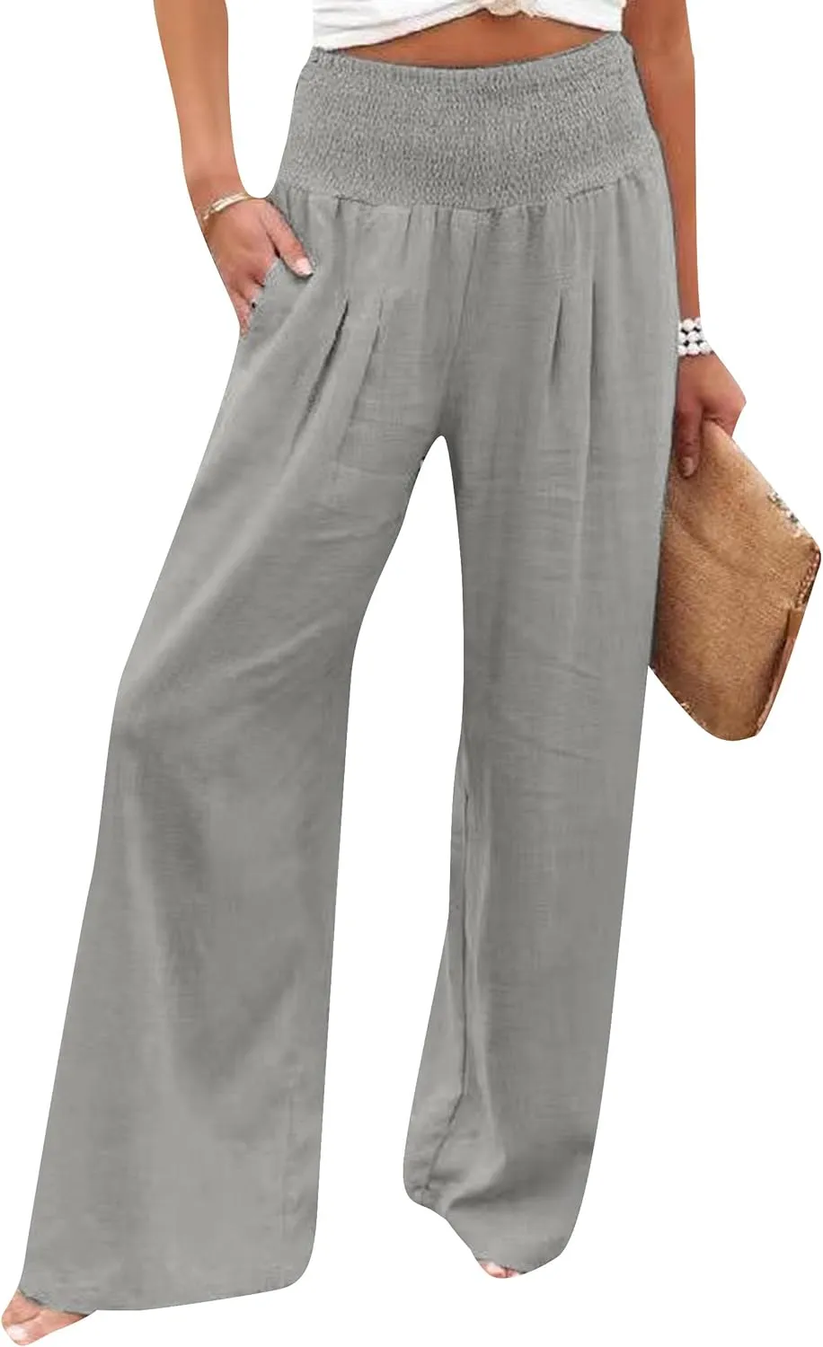 YMING Women's High Waist Wide Leg Pants Soft Pullover Trousers with Pocket Loose Beach Casual Slacks