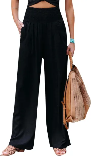 YMING Women's High Waist Wide Leg Pants Soft Pullover Trousers with Pocket Loose Beach Casual Slacks