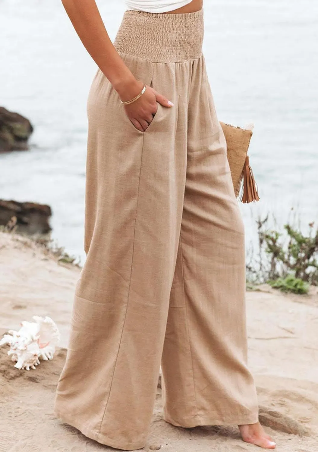 YMING Women's High Waist Wide Leg Pants Soft Pullover Trousers with Pocket Loose Beach Casual Slacks