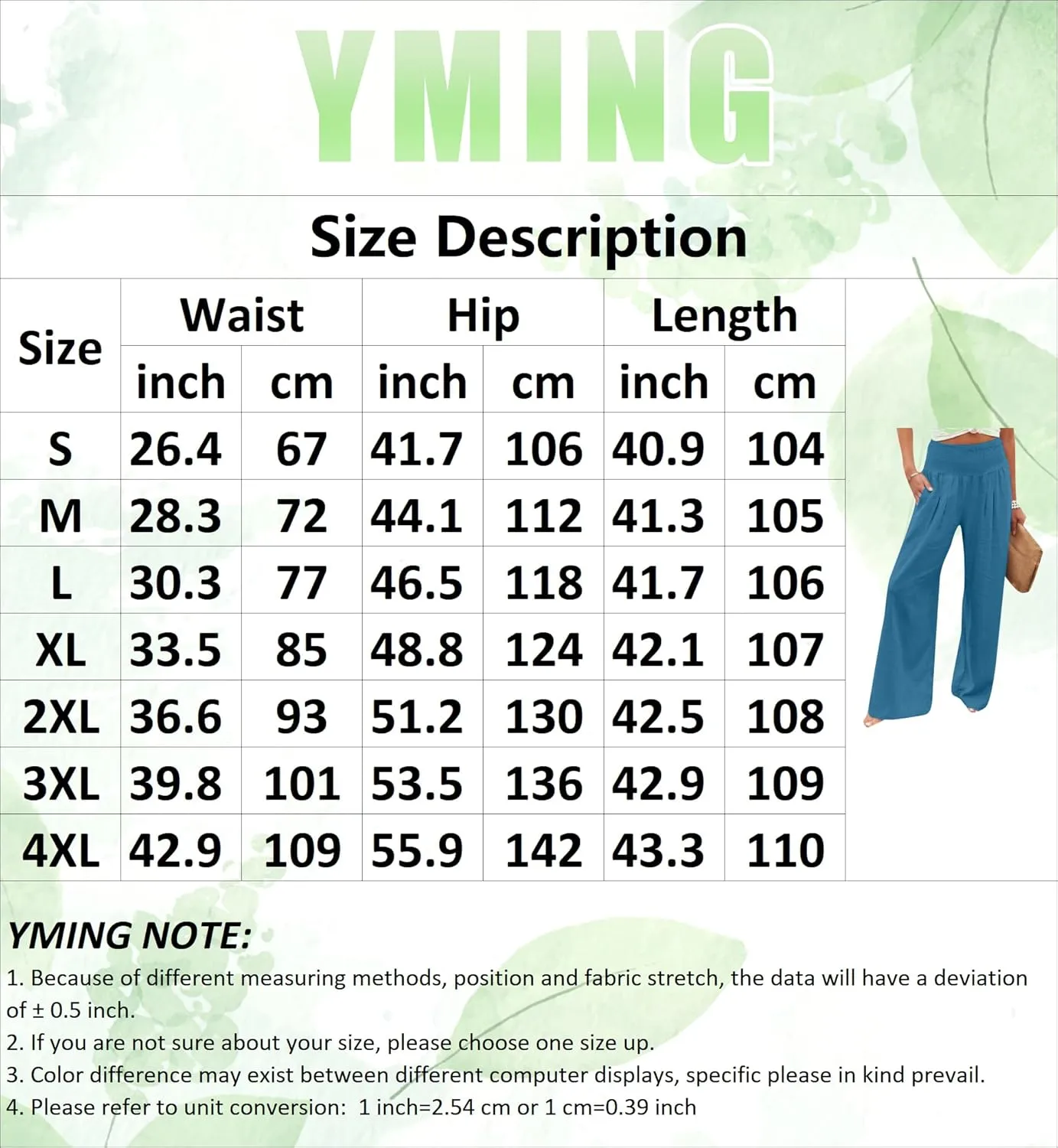YMING Women's High Waist Wide Leg Pants Soft Pullover Trousers with Pocket Loose Beach Casual Slacks