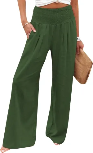 YMING Women's High Waist Wide Leg Pants Soft Pullover Trousers with Pocket Loose Beach Casual Slacks