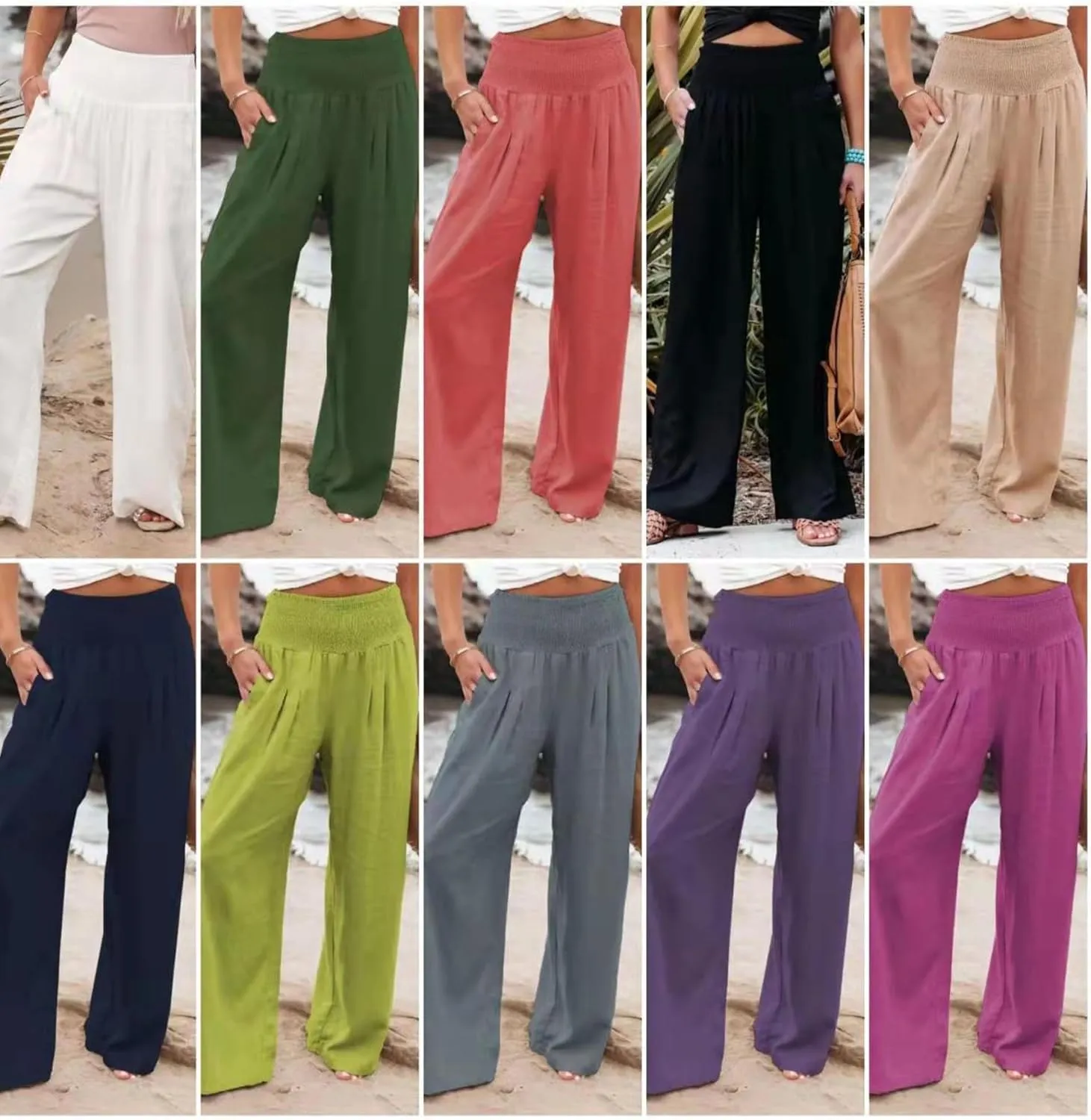 YMING Women's High Waist Wide Leg Pants Soft Pullover Trousers with Pocket Loose Beach Casual Slacks