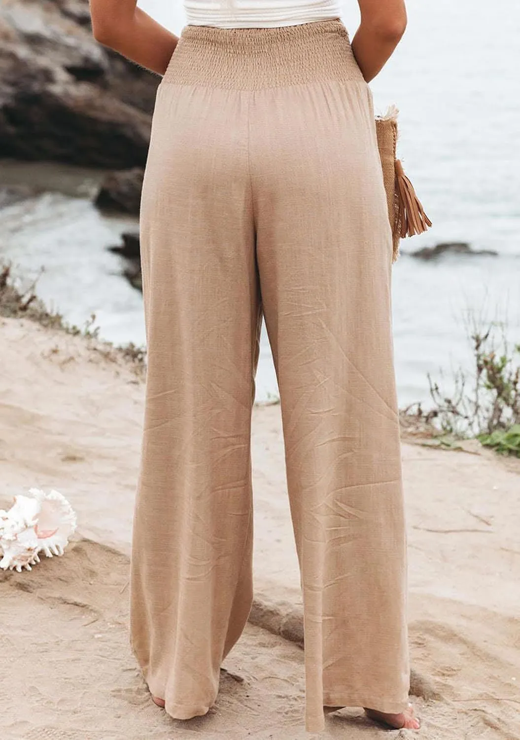 YMING Women's High Waist Wide Leg Pants Soft Pullover Trousers with Pocket Loose Beach Casual Slacks