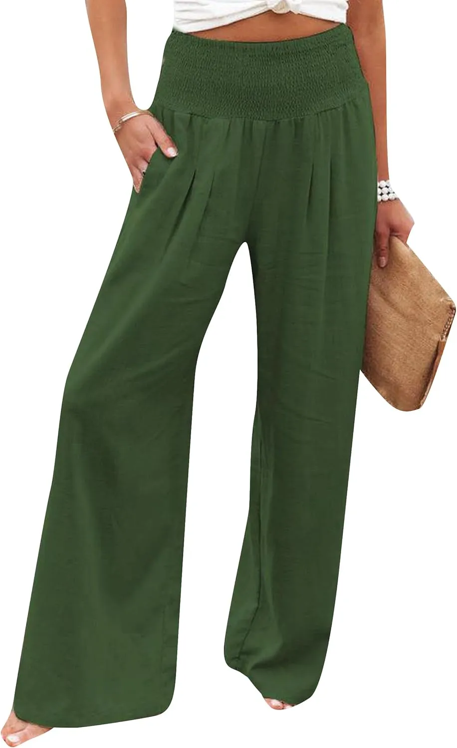 YMING Women's High Waist Wide Leg Pants Soft Pullover Trousers with Pocket Loose Beach Casual Slacks