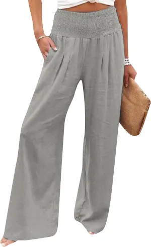 YMING Women's High Waist Wide Leg Pants Soft Pullover Trousers with Pocket Loose Beach Casual Slacks