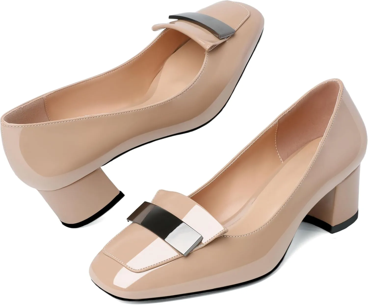 YODEKS Womens Low Block Chunky Heel Slip On Toe Pumps Loafers 2 Inch Square Toe with Metal Bar Comfort Daily Dress Shoes