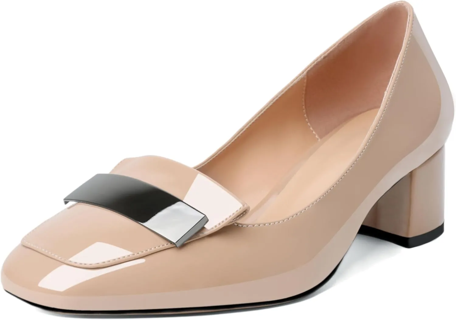 YODEKS Womens Low Block Chunky Heel Slip On Toe Pumps Loafers 2 Inch Square Toe with Metal Bar Comfort Daily Dress Shoes