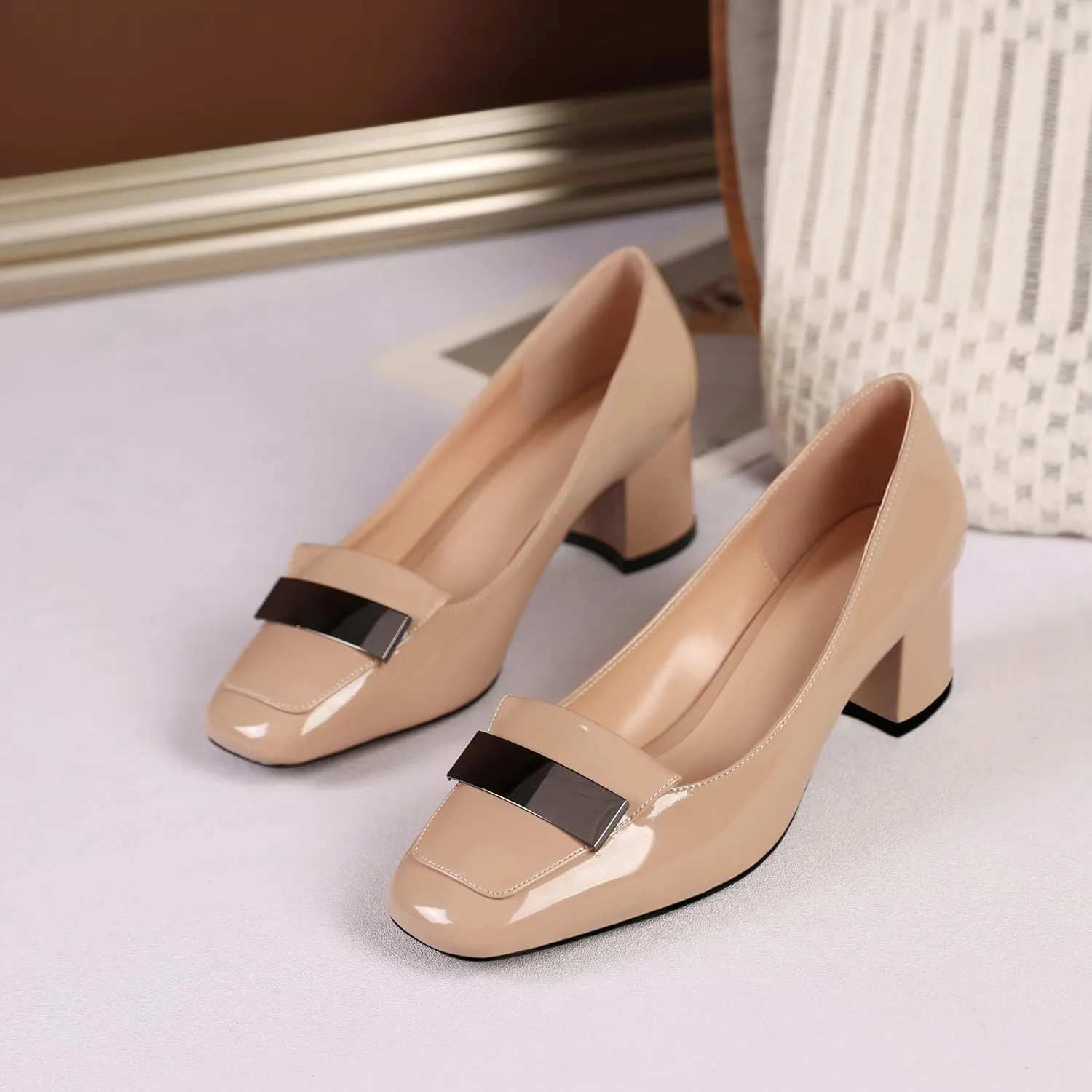 YODEKS Womens Low Block Chunky Heel Slip On Toe Pumps Loafers 2 Inch Square Toe with Metal Bar Comfort Daily Dress Shoes