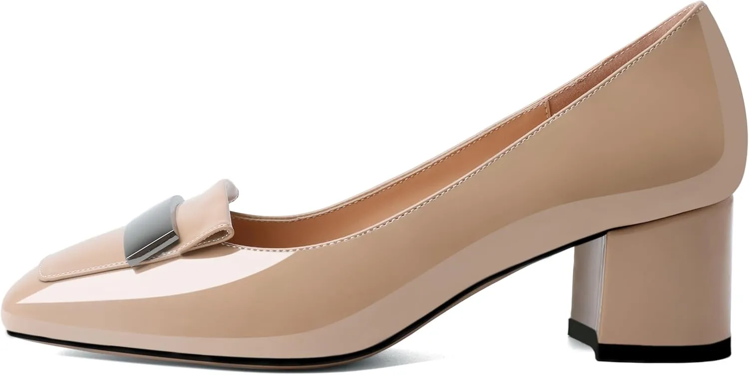 YODEKS Womens Low Block Chunky Heel Slip On Toe Pumps Loafers 2 Inch Square Toe with Metal Bar Comfort Daily Dress Shoes
