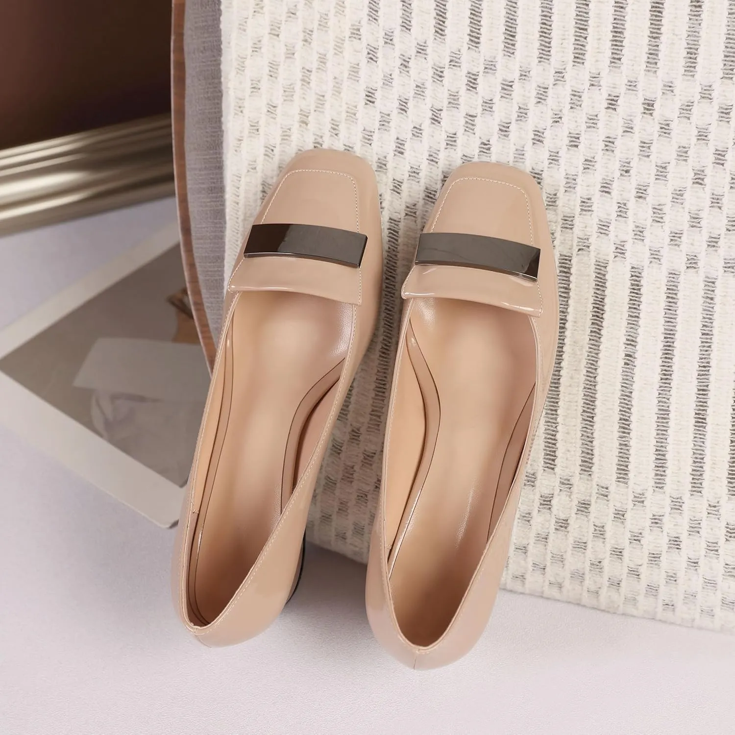 YODEKS Womens Low Block Chunky Heel Slip On Toe Pumps Loafers 2 Inch Square Toe with Metal Bar Comfort Daily Dress Shoes
